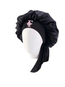 1pc Children's Black Satin Sleep Cap With Tie, Pink Flower & Letter Customization, Toddler Nighttime Hair Protection Cap, Adjustable Hair Cap For 9-12 Years Old - Multicolor - View 10