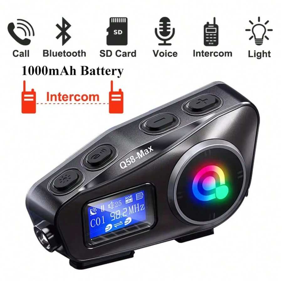 Casco de Motocicleta Q58-Max con Intercomunicador Bluetooth, Batería de 1000mAh, Pantalla LCD Impermeable IP65, Compartición de Música para 2 Personas, Luz LED, Intercomunicador de 500m