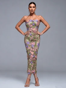Elegant Women's 3D Floral Strapless Bodycon Fitted Party Dress - Multicolor - View 2