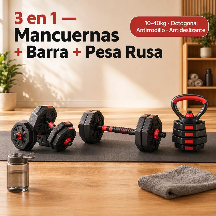 Mancuernas Octogonais Ajustáveis 3 em 1 20 kg com Barra e Pesa Russa, Jogo de Pesos Desmontável Antiderrapante Antirrolo para Flexões, Ideal para Principiantes e Avançados, Treino Completo em Casa e Residência