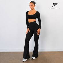Plain Zero-Transparency Polyamide Flare Long Sleeve Fitness Gym Set - Black - View 3