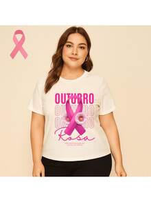 Plus Size T-Shirt Pink October Breast Cancer Prevention - 奶油色 - 查看 6