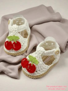 1 Pasang Sandal Bayi Rajutan Tangan dengan Aplikasi Buah Ceri, Putih dan Krem, Sepatu Bot Bayi Perempuan - Putih - View 8