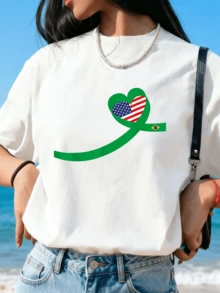 100% Cotton Women Christmas T-Shirt Half Brazilian Half American USA Brazil Culture Flag T-Shirt Print T-Shirt  Comfort Tee Top For Spring & Summer - 彩色 - 查看 1