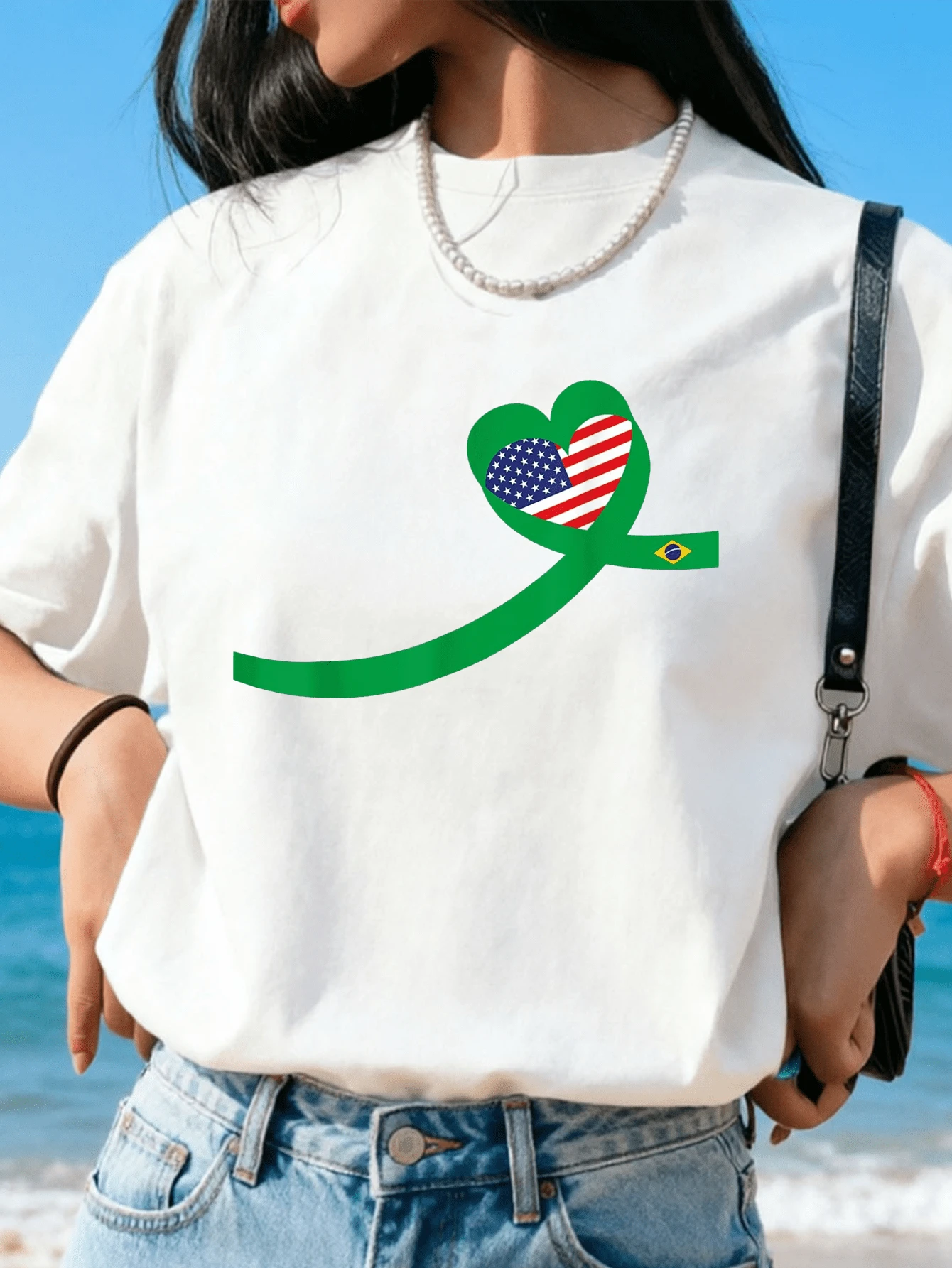 100% Cotton Women Christmas T-Shirt Half Brazilian Half American USA Brazil Culture Flag T-Shirt Print T-Shirt  Comfort Tee Top For Spring & Summer - 彩色 - 查看 1