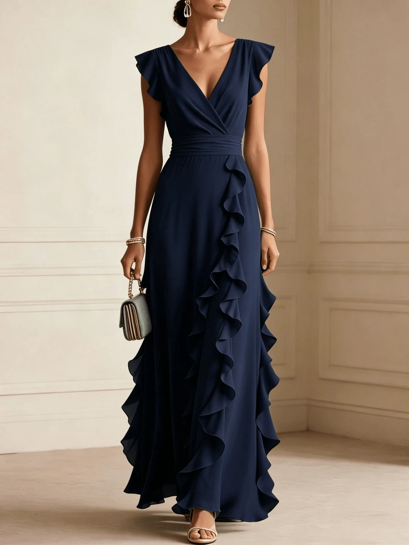 Elegant Long Dress For Women, Crossover V-Neck, Ruffled Sleeves And Side Ruffled Skirt - Navy Blue - View 1
