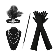 4-Piece 1920s Women's Accessory Set: Includes Headpiece, Necklace, Costume Props, And Gloves - Black 3 - View 1