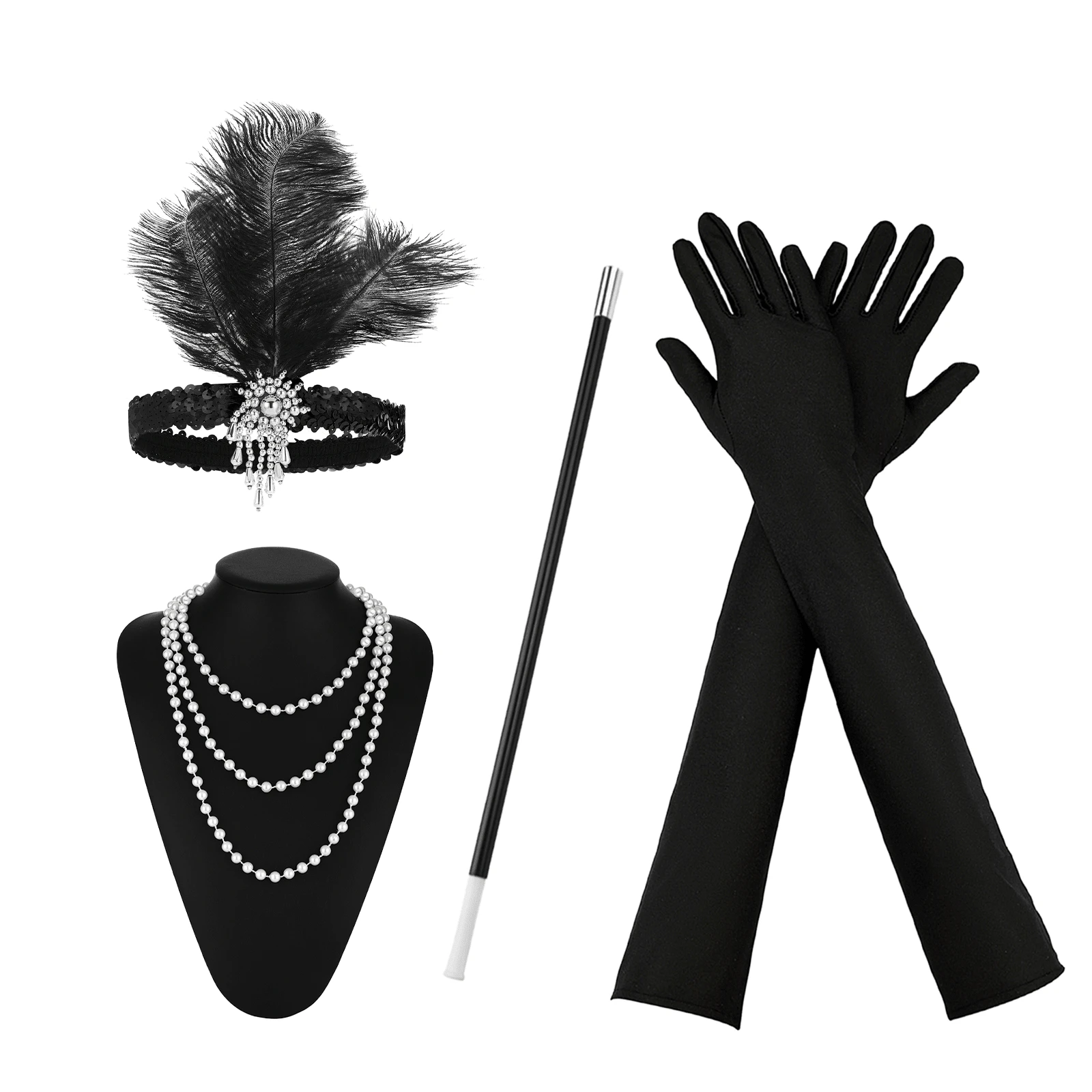 4-Piece 1920s Women's Accessory Set: Includes Headpiece, Necklace, Costume Props, And Gloves - Black 3 - View 1