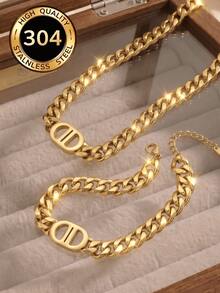 2 piezas/1 pieza Collar y pulsera de cadena de acero inoxidable para mujeres, minimalista elegante de alta gama neutral para fiestas & decorativo para vacaciones - Amarillo Oro - Ver 5