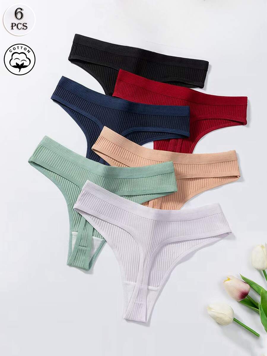 6pcs Women Solid Color Minimalist Breathable Ribbed Thong Underwear - Multicolor - View 1