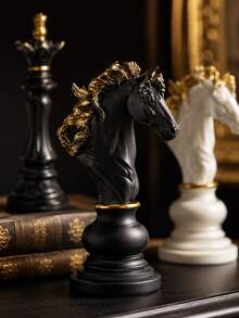 現代象棋棋子雕像，金色點綴，優雅國王與騎士雕塑，適合客廳咖啡桌、豪華居家辦公室桌面裝飾，極簡黑白小雕像，適用書架與玄關造型 - B - 查看 8