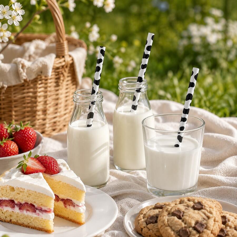 5/10/20pcs Cow Print Straws, Farm Theme Party Drink Accessories, Cow Pattern Milk Bottle Straws, Suitable For Milkshakes, Smoothies, Birthday Parties, Dessert Tables, Western Theme Parties, Picnics And Cafe Bar Decor - View 1