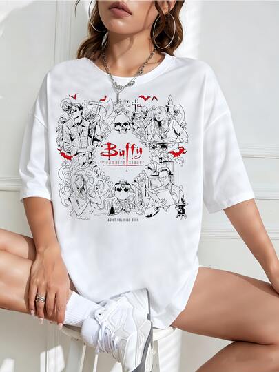 Vintage Oversized Cotton T-Shirt, 90s Bootleg Style, With Retro Graphic Design From The Movie Buffy The Vampire Slayer, Character Sketch And Red Bat Collage, For Ho