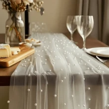 1pc White Faux Pearl Tulle Table Runner, Semi-Transparent Polyester Fabric, Pearl Mesh Cake Dessert Tablecloth, Solid Color Design, Suitable For Wedding, Bridal Shower, Birthday, Holiday And Home Party Table Decor - White 1PC - View 7