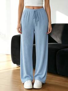 Women's Single Piece Soft Comfortable Ribbed Elastic Waistband With Pockets Faux Drawstring Design Low Waist Straight Leg Pants, Early Autumn Style Suitable For Outdoor Casual Daily Commute Home Slouchy Street Wear - Sky Blue - View 1