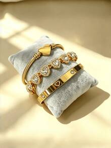 3pcs/1pc 18K Gold Stainless Steel Heart-Shaped Bracelet Set, Heart Zirconia Bracelet, Fashion Jewelry Wristband Suitable For Women's Daily Wear And Gift Giving - Gold 7 - View 3