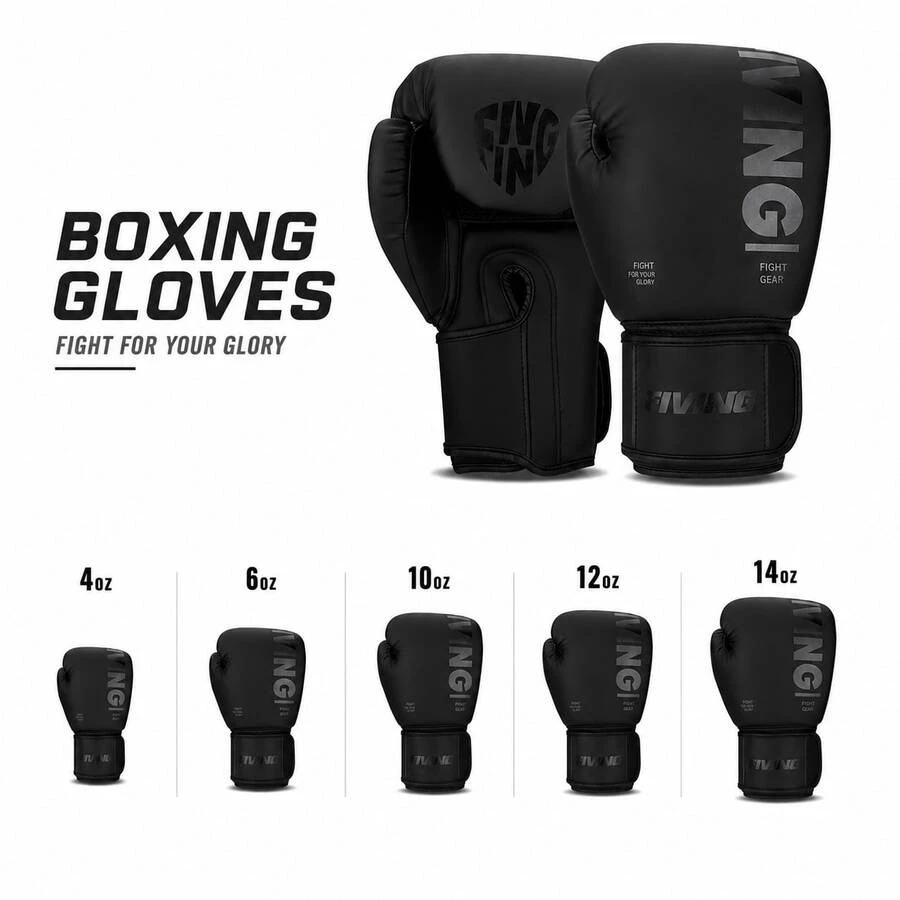 Guantes de Boxeo FIVING Negro Puro Cool, Protección de Mano de PU con Absorción de Impactos, Opciones de 4/6/10/12/14oz, Adecuados para Niños, Adolescentes, Hombres y Mujeres Adultos, Perfectos para Gimnasio, Entrenamiento en Casa, Muay Thai, MMA, Kickboxing y Sparring
