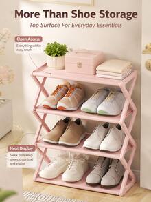 1pc Back To School Dorm Essentials Modern Minimalist Shoe Rack, Solid Color X-Shaped Side Frame Open Metal Storage Shelf, Space-Saving 4-Tier Shoe Organizer, Suitable For College Dorm, Entryway And Bedroom - Multicolor - View 9