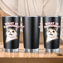 1pc/5pcs 20oz Surprised Cat Gift Insulated Coffee Mug, Funny Text Cartoon Cat Print Vacuum Insulated Travel Cup, Suitable For Cat Lovers, Daily Holiday Gift, Funny Birthday Gift For Boyfriend/Girlfriend, Iced Coffee, Juice, Oatmeal - Black - What Happened? - View 8