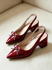 Sandalias de tacón grueso de con lazo para mujer, zapatos planos de corte bajo con espalda abierta, zapatos mules de tacón medio para oficina y citas, zapatos planos versátiles de corte bajo - Rojo - Ver 6