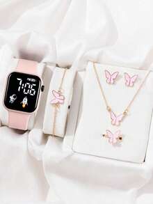 6pcs/Pink Butterfly Full Jewelry Set + Astronaut/Rocket Digital Display Electronic Watch Complete Set, Sweet And Energetic, Versatile For Children And Daily Commute, One Set Completes Your Outfit Accessories - Multicolor - View 10