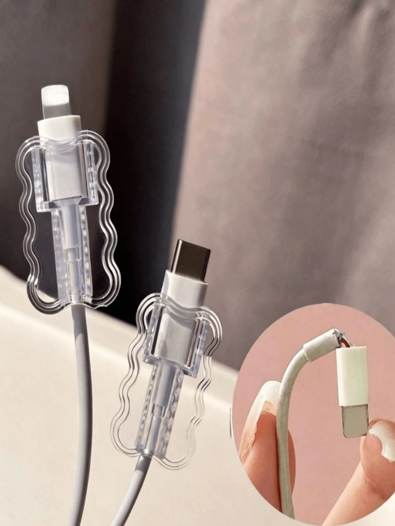 3pcs Transparent Cable Protector, Wavy Design, Effectively Prevents Cable Breakage, No Battery Required, Suitable For Phones, Tablets And Three-Prong Plug Chargers, Perfect For Back To School, Valentine's Day And Ramadan