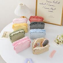 Personalized Gingham Cosmetic Bag, Ruffle Trim Makeup Pouch, Custom Name Toiletry Organizer, Small Travel Storage Bag, Coin Purse, Cute Gift - Multicolor - View 6