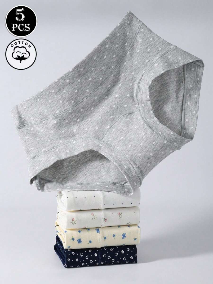 5 chiếc/gói Quần lót nữ bằng cotton, họa tiết hoa, nơ, thiết kế dễ thương, cạp trung, che phủ toàn diện, không đường may - Nhiều màu - Xem 1