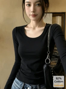 女款秋季純棉長袖T恤，黑色百搭上衣，修身純色內搭打底衫 - 黑色 - 查看 2