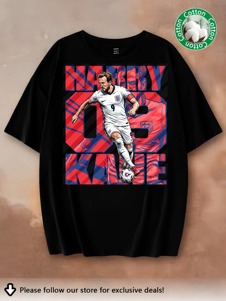 Camiseta Gráfica Vintage de Harry Kane, Selección Nacional de Inglaterra, Número 9, Franja Roja, Estilo Retro de los 90, para Hombres, Mujeres y Adolescentes, Camiseta de Fútbol Oversized de - Negro - Ver 1