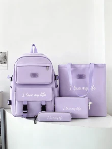 4pcs Customizable Backpack, Tote Bag, Clutch, Pencil Case, Shoulder Bag, Minimalist Large Capacity Multi-Pocket, Customizable Name, DIY Gift, Suitable For Back To School And Graduation Season, Neutral Travel Essential, Aesthetic Style - Purple - View 6