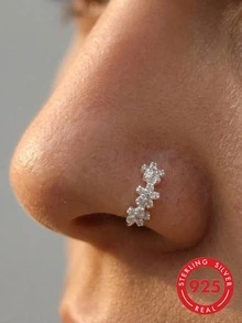 1件纯银花朵造型闪亮透明水晶鼻环/耳环穿刺饰品，女士身体穿刺饰品，22G 8毫米 - 銀色 - 查看 1
