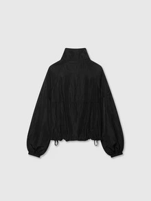 Langarm Stehkragen Plissee Nylon Jacke Mantel Schwarz - Schwarz - Übersicht 2