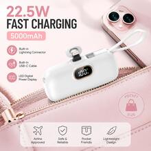 5000mAh 22.5W Capsule Pocket Charger, Mini Fast Charging Portable Power Bank With Digital LED Battery Display, Built-In Lightning Plug & Integrated USB-C Cord With Lanyard, Lightweight Battery Pack, Carry-On Approved For IPhone 13 Pro Max  Galaxy S24 FE  8 Back To School Outdoor Use - 1PC - View 1