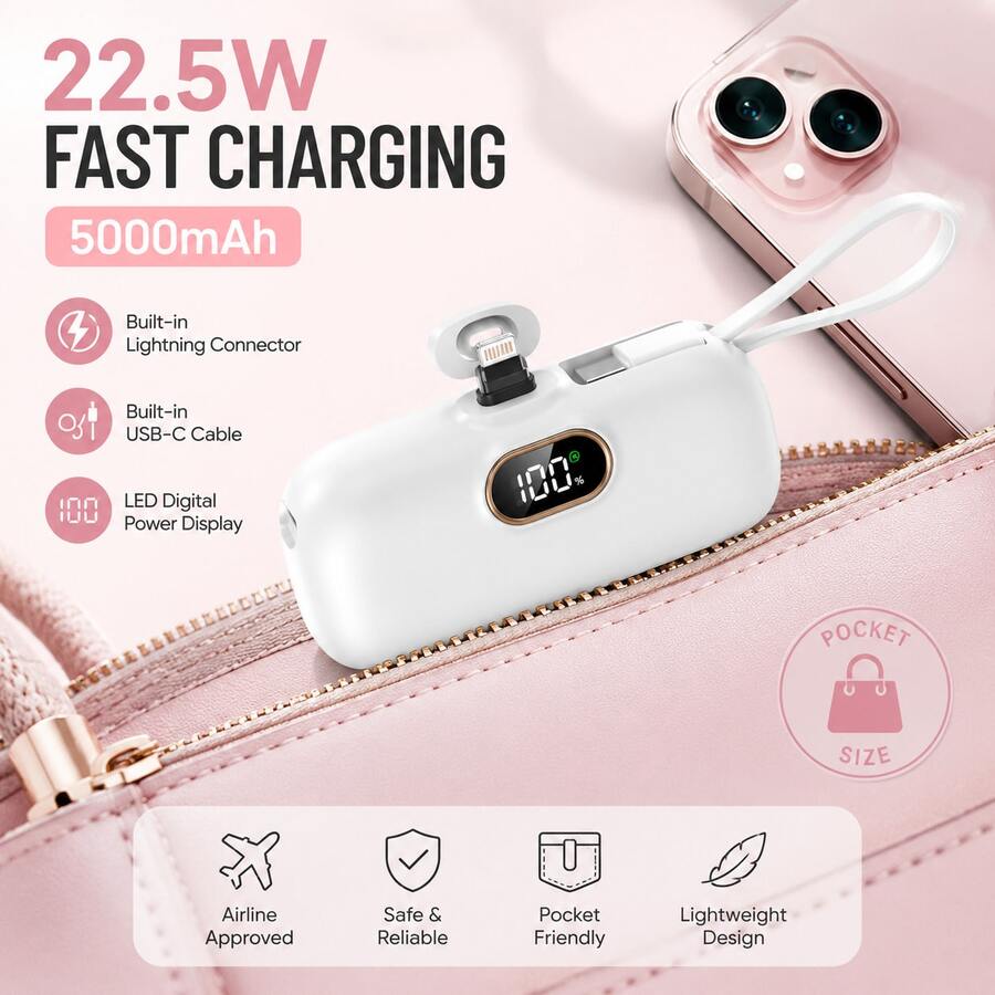 5000mAh 22.5W Capsule Pocket Charger, Mini Fast Charging Portable Power Bank With Digital LED Battery Display, Built-In Lightning Plug & Integrated USB-C Cord With Lanyard, Lightweight Battery Pack, Carry-On Approved For IPhone 13 Pro Max  Galaxy S24 FE  8 Back To School Outdoor Use - 1PC - View 1