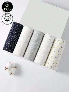 5 chiếc/gói Quần lót nữ bằng cotton, họa tiết hoa, nơ, thiết kế dễ thương, cạp trung, che phủ toàn diện, không đường may - Nhiều màu - Xem 2
