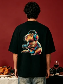 Men's Summer Casual Soft Round Neck Short Sleeve-Shirt,Headphone Game Controller Capybara Vivid Print Graphic Is Suitable Daily Wear. - Black - View 3