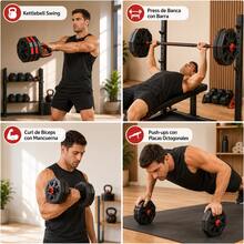 Mancuernas Octogonales Ajustables 3 en 1 15 kg con Barra y Pesa Rusa, Juego de Pesas Desmontable Antideslizante Antirrodillo para Flexiones, Ideal para Principiantes y Avanzados, Entrenamiento Completo en Casa y Residencia - 15 kilos - Ver 4