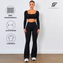 Plain Zero-Transparency Polyamide Flare Long Sleeve Fitness Gym Set - Black - View 1