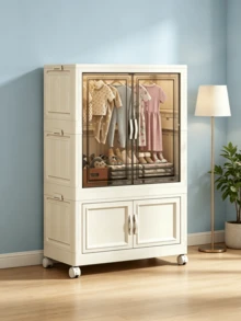 1 pieza Armario plegable para almacenamiento de ropa con puertas transparentes, armario portátil de varias capas con ruedas, estantería de almacenamiento apilable, adecuado para ropa, juguetes y zapatos, fácil de montar, estantería de almacenamiento de ropa - Especificaciones múltiples - View 2