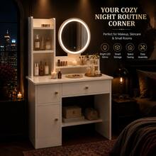 White LED Vanity Desk With Round Lighted Mirror, Makeup Vanity Table With Open Storage Shelves, Wide Drawer, Side Cabinet, Bottom Shelf, Modern Dressing Table Organizer For Bedroom, Apartment, Dorm Room, Small Spaces - 白色 - 查看 4