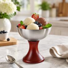 1pc 304 Stainless Steel Footed Ice Cream Cup With Wood Pedestal Base Multipurpose Dessert Bowl For Cafe Restaurant Home Use - Multicolor - View 10