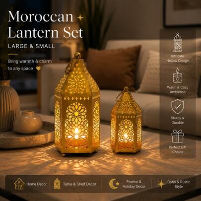 Premium 1/Pc Moroccan Style Metal Lantern Set, Hollow Projection Iron Candle Holder, Halloween, Valentine's Day, Thanksgiving, Christmas Holiday Tabletop Decoration, Home Kitchen Decor, Child , Vintage Style, Easy To Install