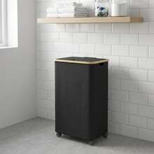 26 Gal (100L) Rolling Laundry Hamper With Wheels And Lid For College Dorm - Back To School Large Clothes Basket With Bamboo Handle, Portable Dirty Clothes Organizer Bins For Dormitory & Bedroom - 黑色 - 查看 1
