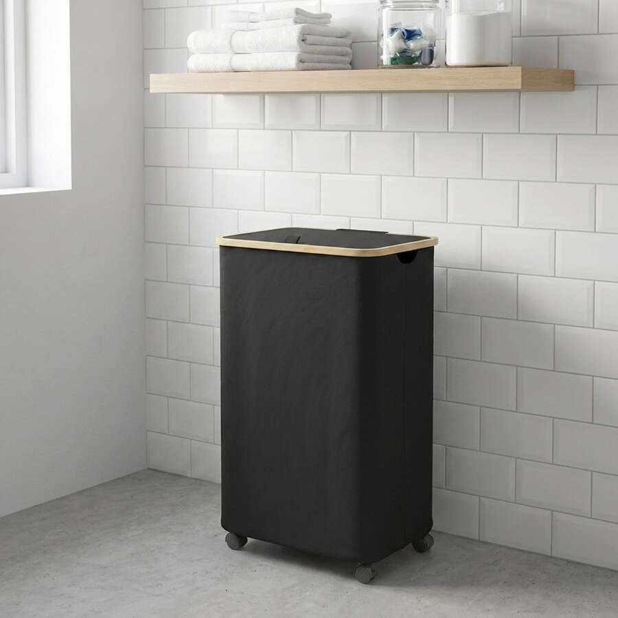 26 Gal (100L) Rolling Laundry Hamper With Wheels And Lid For College Dorm - Back To School Large Clothes Basket With Bamboo Handle, Portable Dirty Clothes Organizer Bins For Dormitory & Bedroom - 黑色 - 查看 1