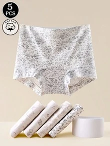 5条装女士纯棉碎花无缝三角裤，可爱舒适中腰平角内裤 - 彩色 - 查看 1