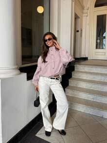 Women's Pink Front Button Jacket, Elastic Hem, Raglan Sleeves, Autumn Outerwear - Pink - View 6