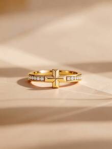 1 pieza Anillo de nudo dorado con circonita cúbica, diseño retorcido con pavé, anillo de moda apilable para mujer - Dorado - Ver 1