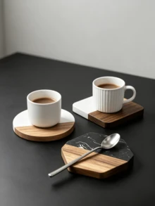 Heat Resistant Non-Slip Marble Acacia Wood Spliced Coasters, Round Square Hexagon Shapes Elegant Table Protector Pad For Hot Mugs Cookware, Compact Decor Accessory Suitable For Home Kitchen Dining Table Daily Household Dining Scenes - Multicolor - View 2