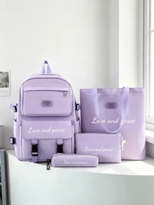 4pcs Customizable Backpack, Tote Bag, Clutch, Pencil Case, Shoulder Bag, Minimalist Large Capacity Multi-Pocket, Customizable Name, DIY Gift, Suitable For Back To School And Graduation Season, Neutral Travel Essential, Aesthetic Style - Purple - View 3